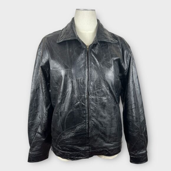 Vintage Leather & Soul Black Patchworked 90s Leather Zip-up Jacket Large Moto - Picture 1 of 10